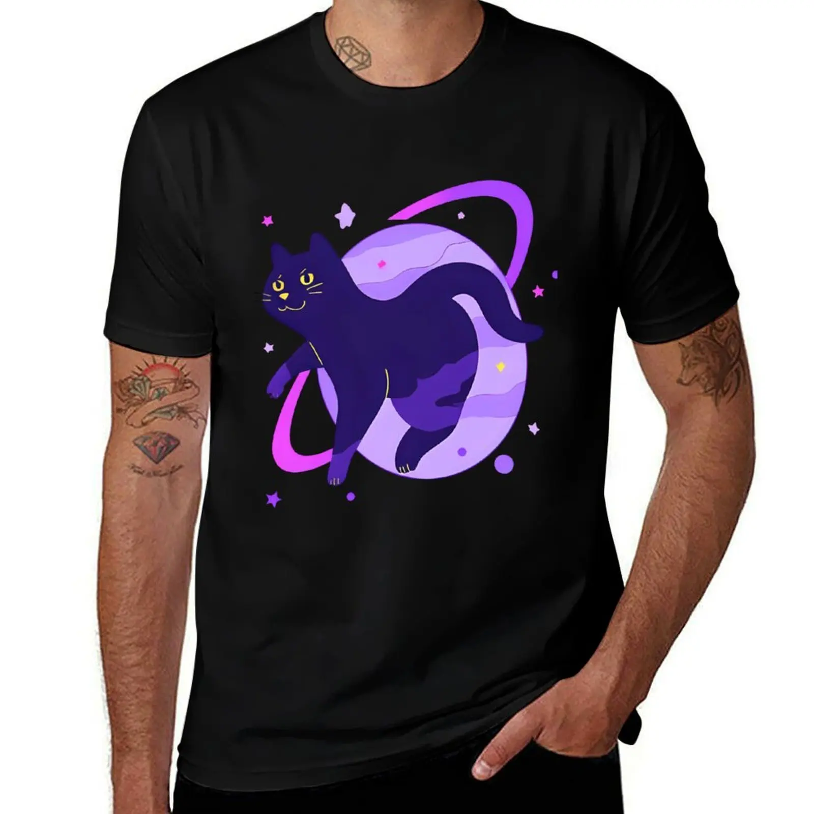 Galaxy Cat Floating Through Space with Stars and Planets T-Shirt summer shirt blue lock anime shirt mens big and tall t shirts