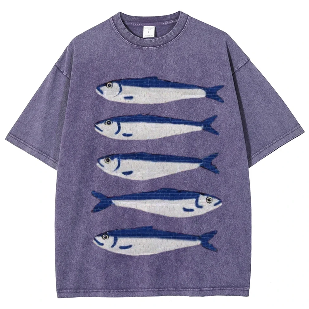 GOJO cartoon salted fish print men's and women's loose T-shirt water wash vintage short sleeve summer fashion design casual top