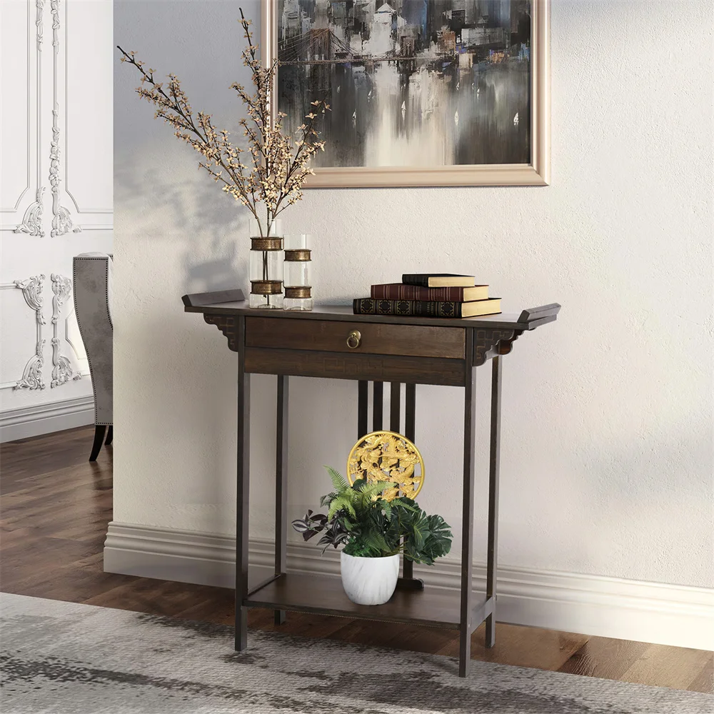 Wisfor Vintage Rustic Console Table Hall Console Table Luxurious Totem Decor with Pull Drawer & Shelf Living Room Furniture