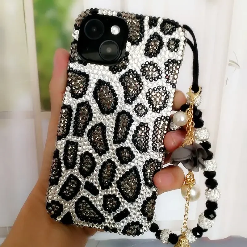 Bling Bling Grey Leopard Print Rhinestone All Inclusive Phone Case for iPhone 15 Pro Max 14 13 12 11 Xsmax Xr Full Soft Cover