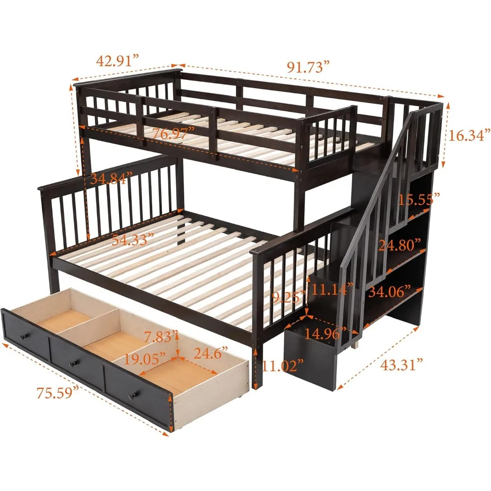 Twin Over Full Bunk Bed, with Storage Drawers and Shelves,Guardrails and Stairs for Kids Boys Girls Teens Adults, Espresso