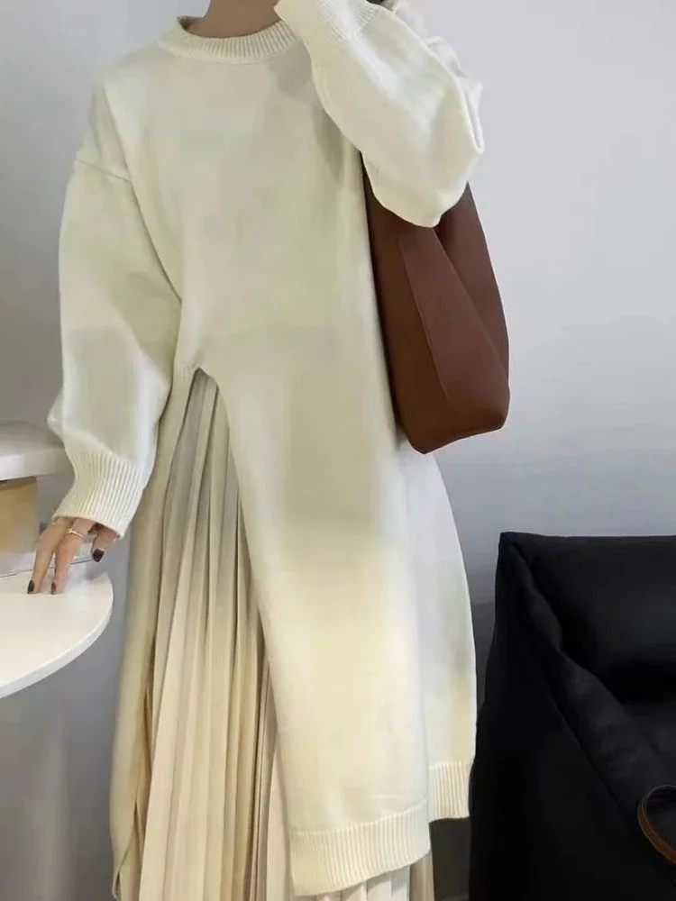 Women Long Dress Knit Round Neck Split Dresses Full Sleeve A Line Solid Splice Loose Vestidos Warm Elegant Gown Autumn