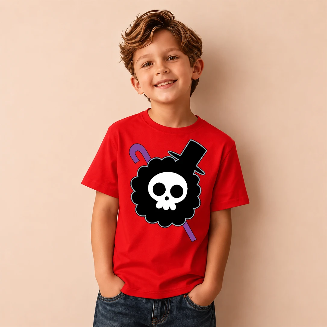Kids T‑Shirt One Piece Brook Pirate Logo Print Short Sleeve Casual Tops Boys Girls Anime Pattern Children Daily Wear Tees