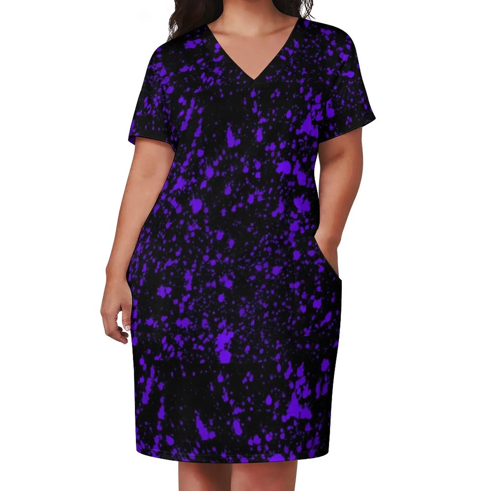 Purple Paint Splatter Casual Dress Holiday Abstract Graffiti Kawaii Dresses Female V Neck Graphic Streetwear Dress Plus Size