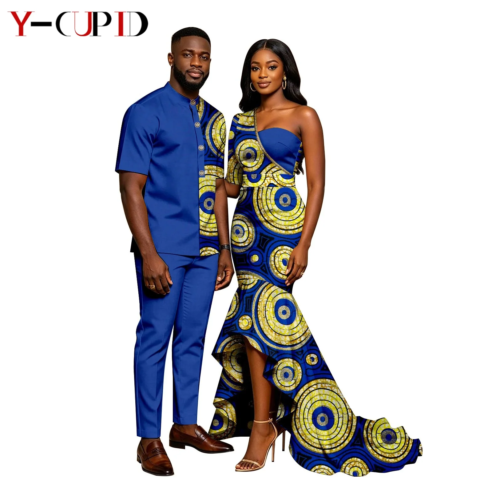 African Print Long Mermaid Dresses for Women Matching Men Outfits Top Shirt and Pant Sets African Couple Clothes 26C046