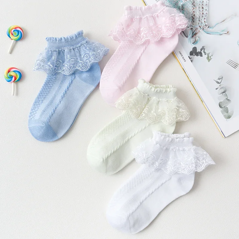 Girls Princess Mesh White Socks with Lace Ruffles Summer Spring Thin Short Ankle Stitch Floor Socks for Infant Baby Kids Toddler