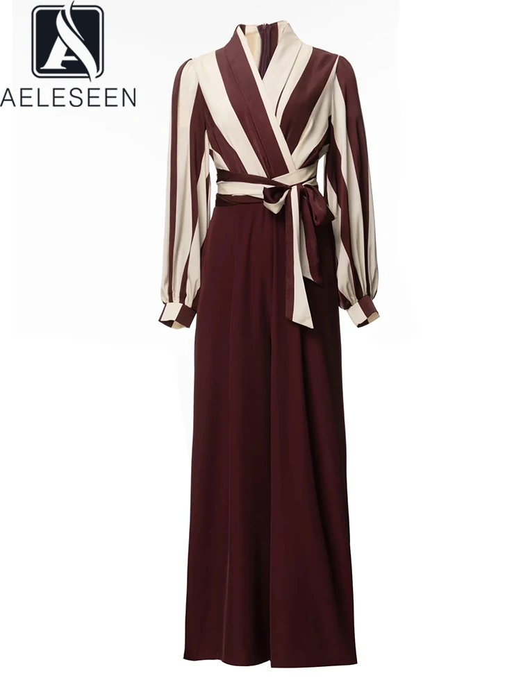 

AELESEEN Designer Fashion Long Jumpsuit Women's Full Sleeve Striped Print Conatrast Color Patchwork V-Neck Belt Elegant Office