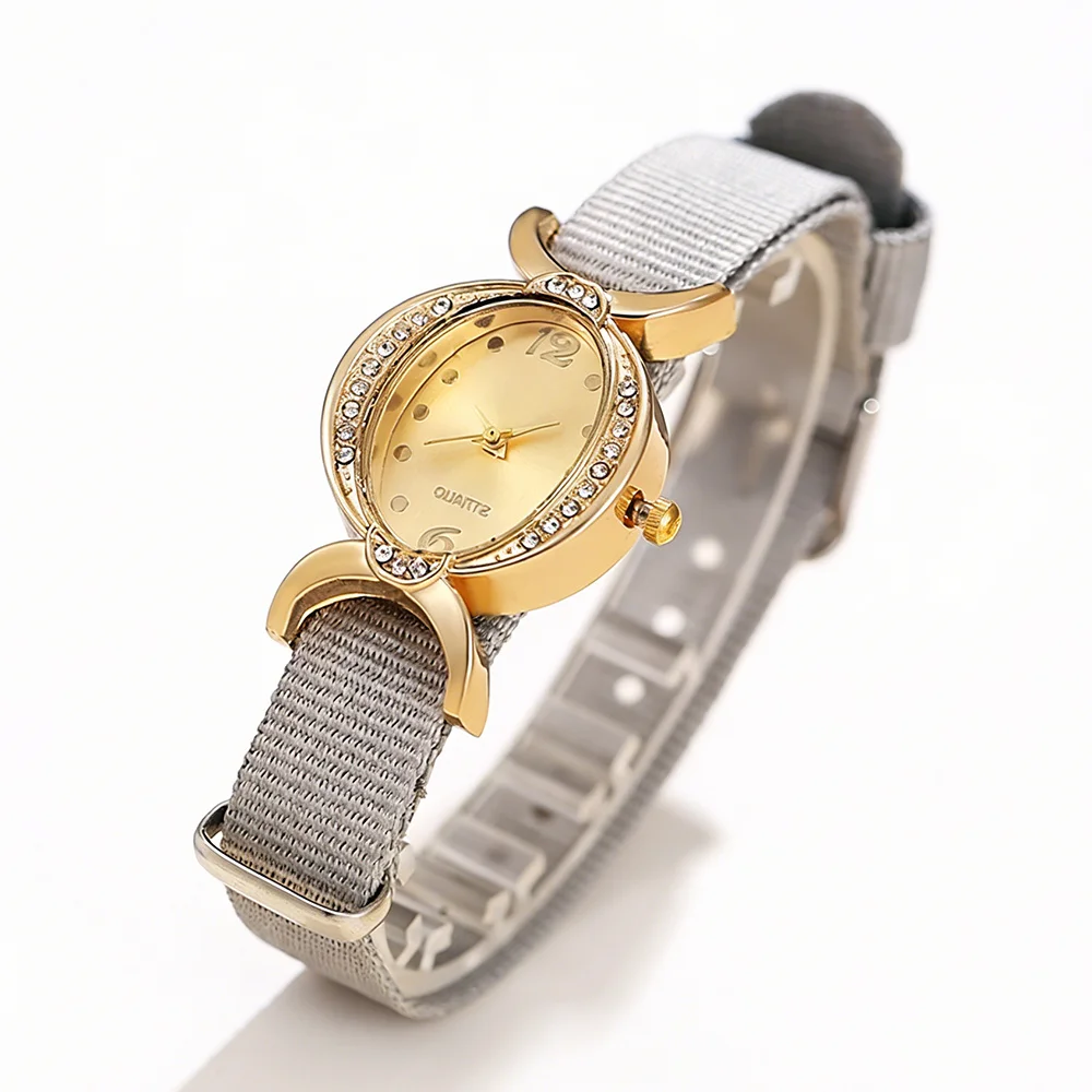 Elegant Women's Oval Crystal Watch Gold Tone Nylon Strap Quartz Wristwatch Ladies Casual Dress Watch
