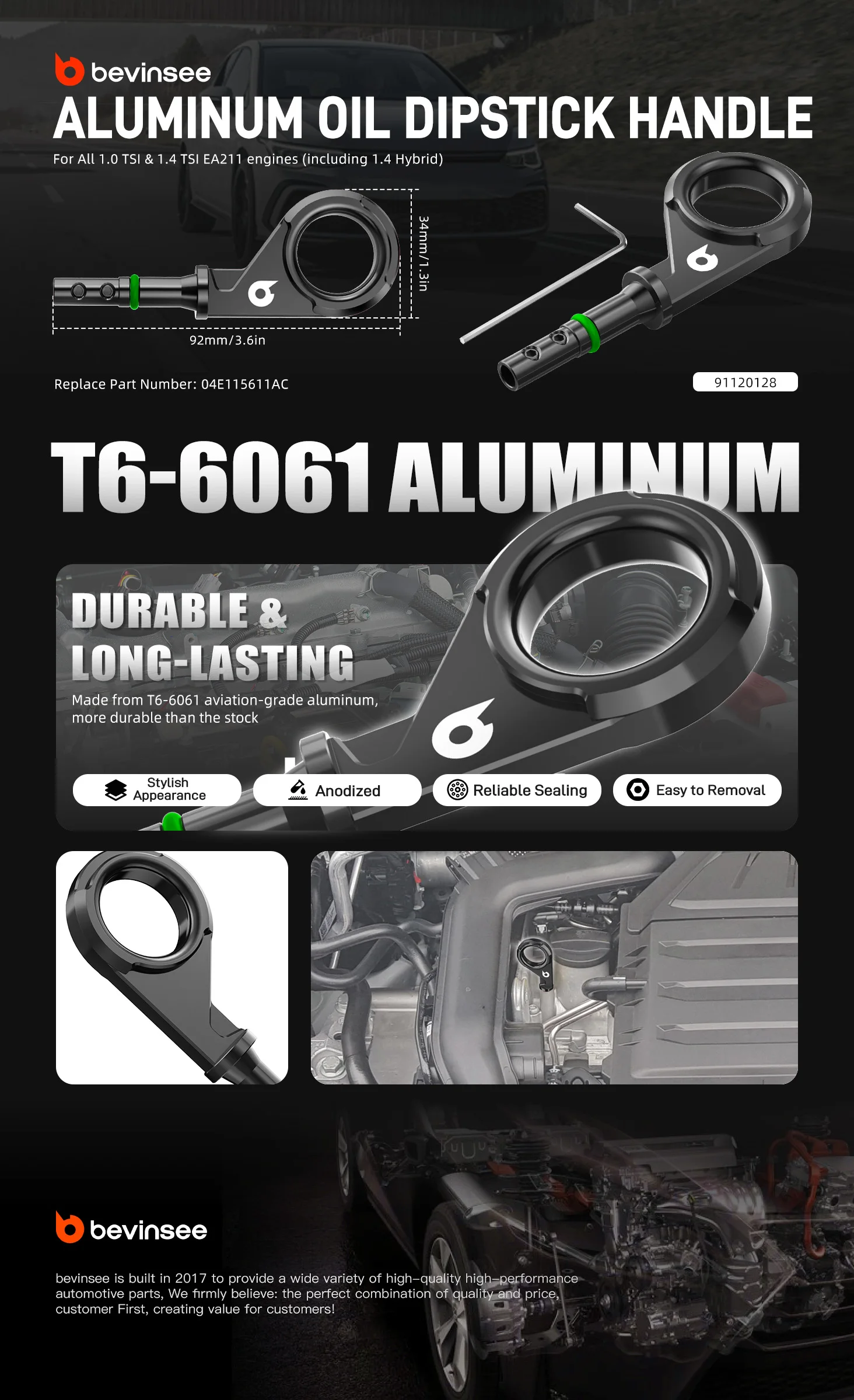 BEVINSEE EA211 Aluminium-Ölmessstab-Griff für VW Golf 7 8 Passat B8 Tiguan Touran für Audi A3 A1, Ersatz für 04E115611AC – Detail 4