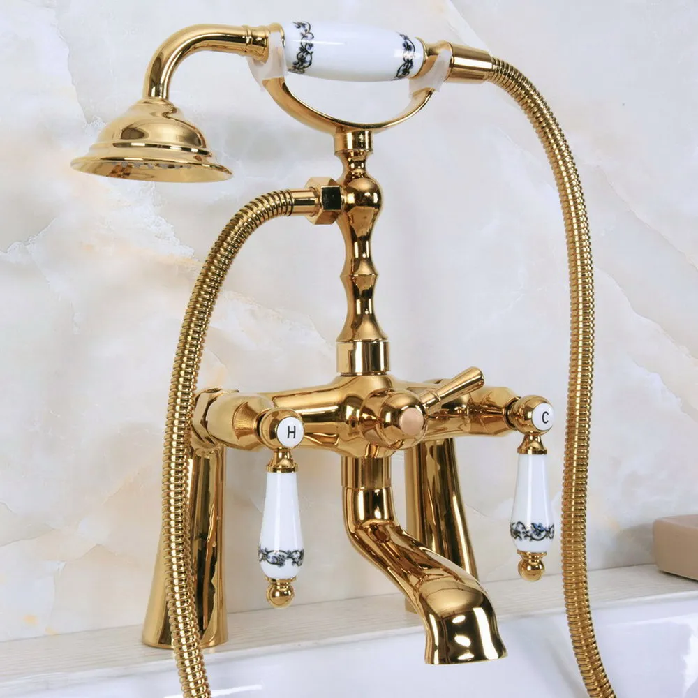 

Polished Gold Brass Double Handle Deck Mount Bathroom Bath Tub Faucet Set with 1500mm Hand Held Shower Spray Mixer Tap 2na143