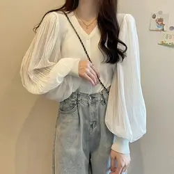 Korean Fashion Summer Women's Solid V-Neck Patchwork Single Breasted Simplicity Versatile Long Sleeve Slim Chiffon Knitting Tops