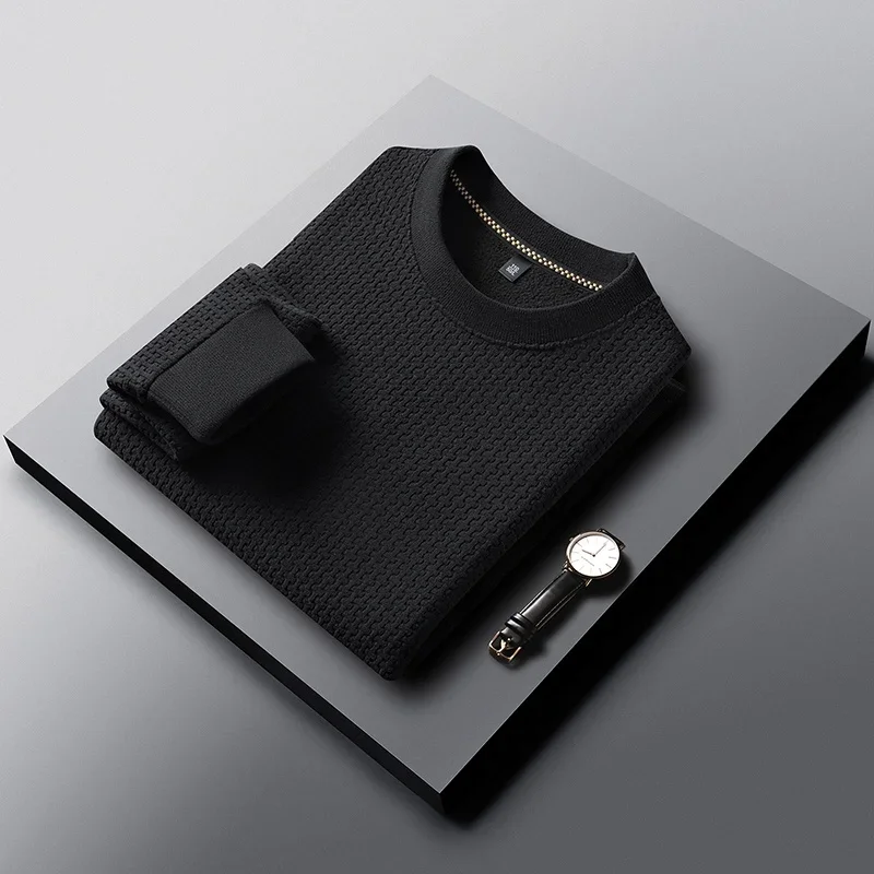 Mens Long Sleeve Crew Neck Pullover Waffle Texture Knit Shirt Soft Elastic Fabric Daily Commute Outfit