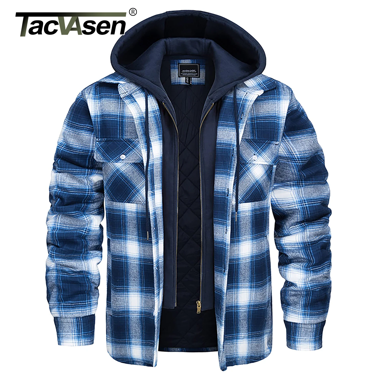 TACVASEN Plaid Flannel Shirt Jacket Mens Quilted Lined Coats with Removable Hood Winter Thick Hoodie Outerwear Heavy Shirts Male