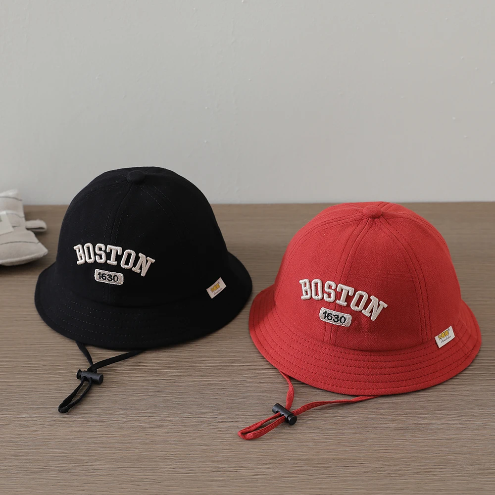 キッズフィッシャーマンキャップ春秋幼児ベビーボーイズボストン刺繍サンハット幼児アクセサリーガールズバケットハット
