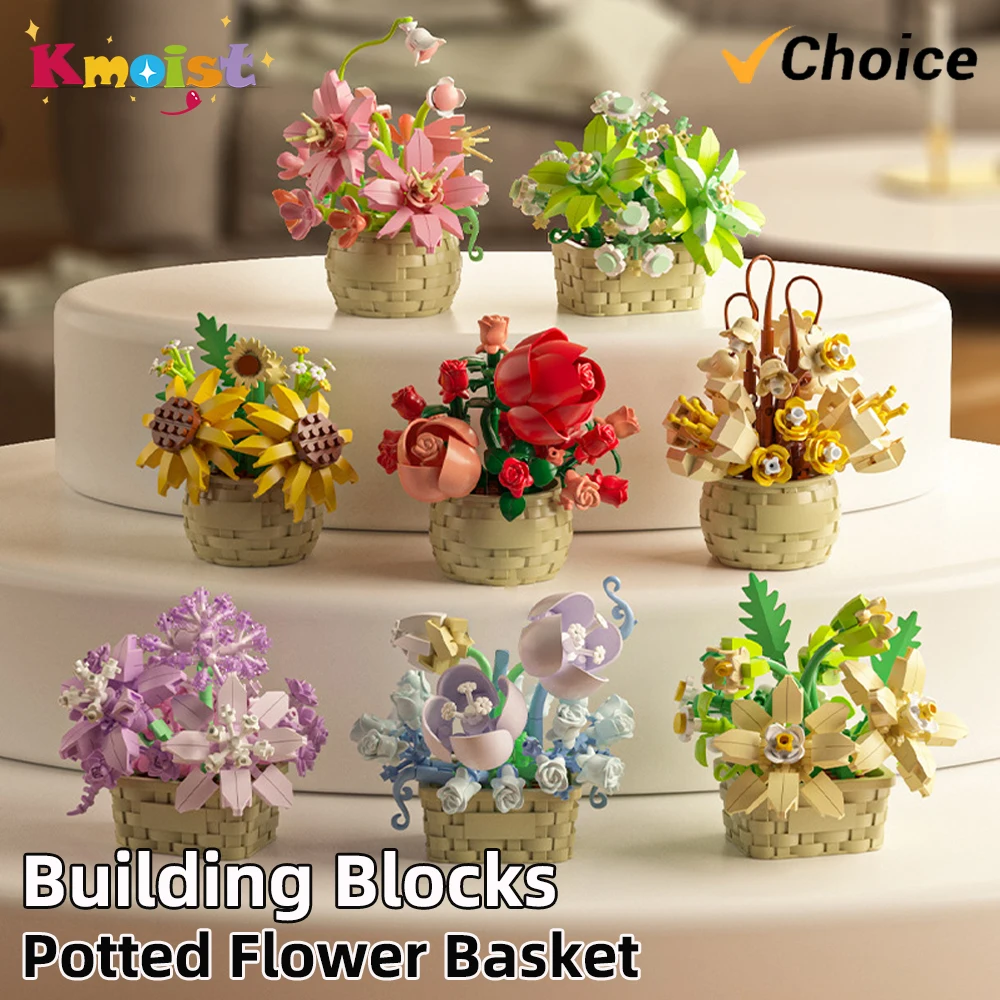 

Potted Flower Basket Building Blocks Creative Bonsai Plant Bouquet Model Assemble Bricks Home Decoration Valentine's Day Gifts