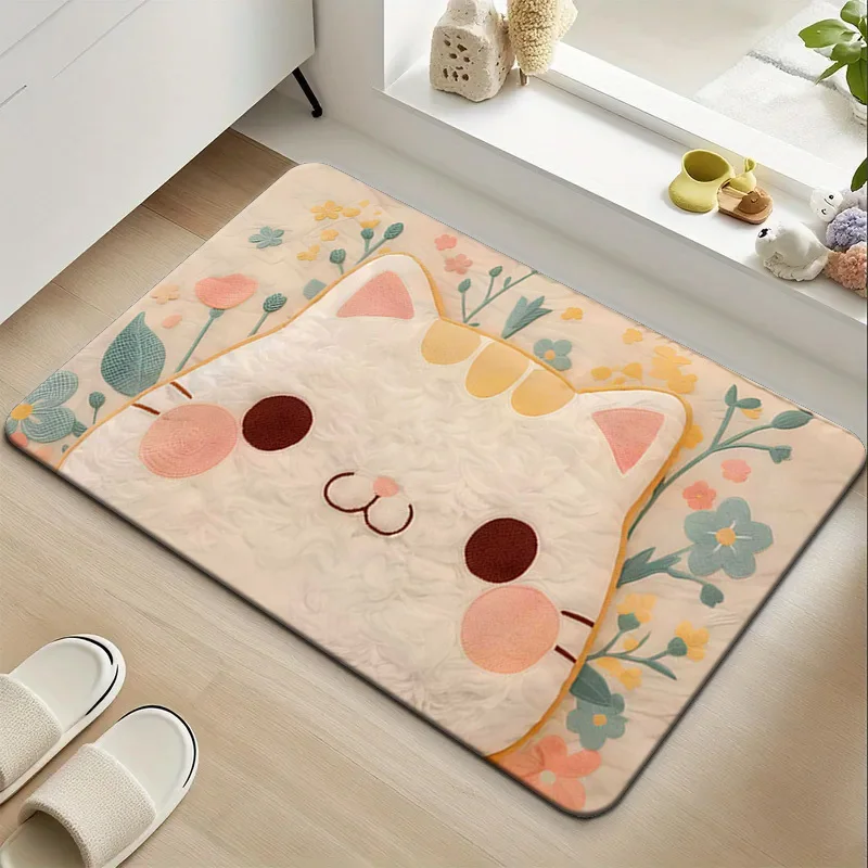 Aesthetic Kawaii Cream Floral Cat Face Flannel Bath Mat Anti-Skid Plush Floor Rug For Kids Bathroom Vanity Cat Lover Gift