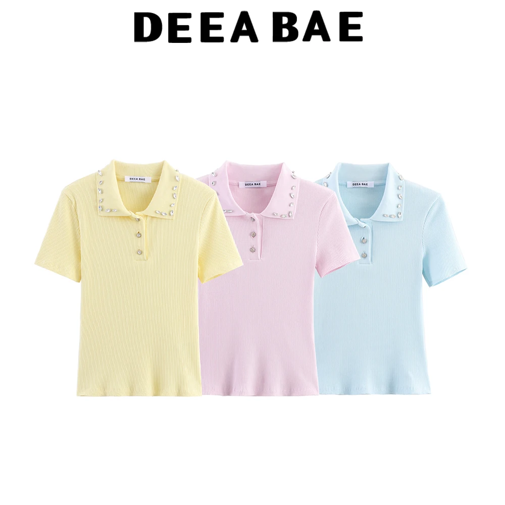 

DEEABAE 2025 осенний новый продукт, женская милая однотонная рубашка-поло с короткими рукавами и ювелирным воротником в рубчик, трикотажная рубашка