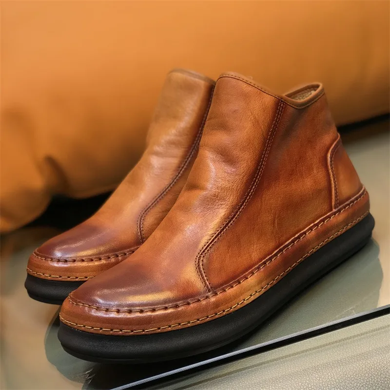 

British Style Genuine Leather High Top Casual Work Chelsea Boots Men's Shoes Trendy Side Zipper Outdoor Hiking Ankle Boots Male