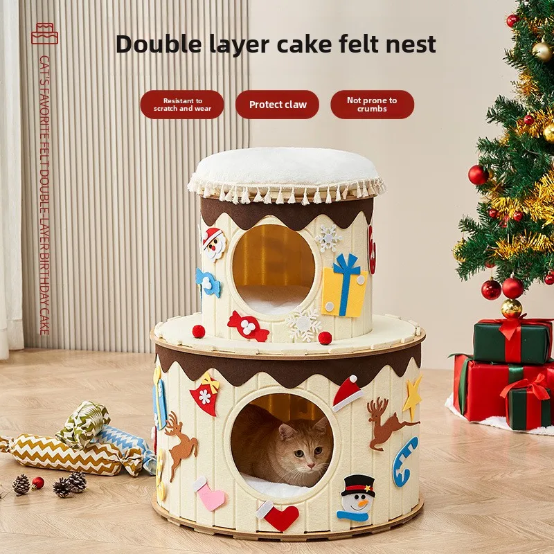

cat tower Double Layer Condo with Cat Tree and Bed All Breeds Felt Barrel Cake Style Indoor House