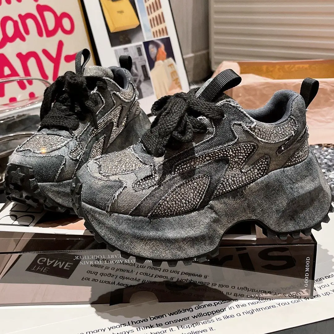 Women's Distressed Denim Patch Rhinestone Panel Chunky Platform Sneakers Thick Cord Lace Height Boost Grunge Street Footwear