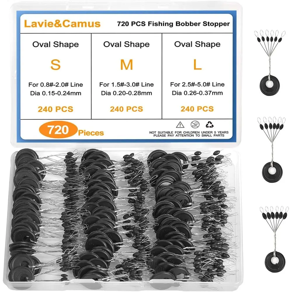 طقم بوبر لصيد السمك مكون من 720 قطعة: سدادة مطاطية سوداء، 6 مقاسات، L، M، S
