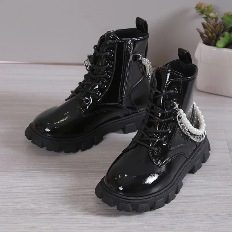 Girls Pearls Ankle Boots White High Top Fashion Shoes Kid Chain Leather Boots for Girls 10 To 12 Years Old Rubber Shoes with Zip