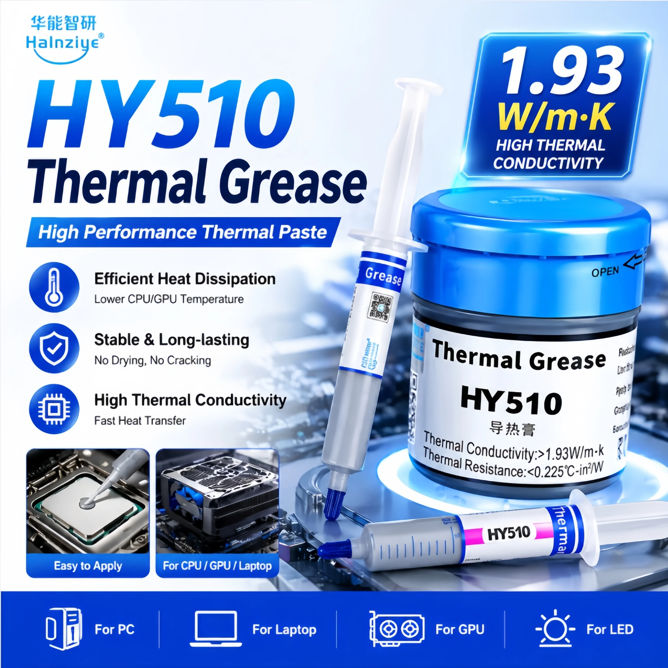 Wholesale Halnziye HY510 Thermal Paste Grey 1.93 W/m-k High Performance Thermal Paste for Heat Sink CPU HY-510