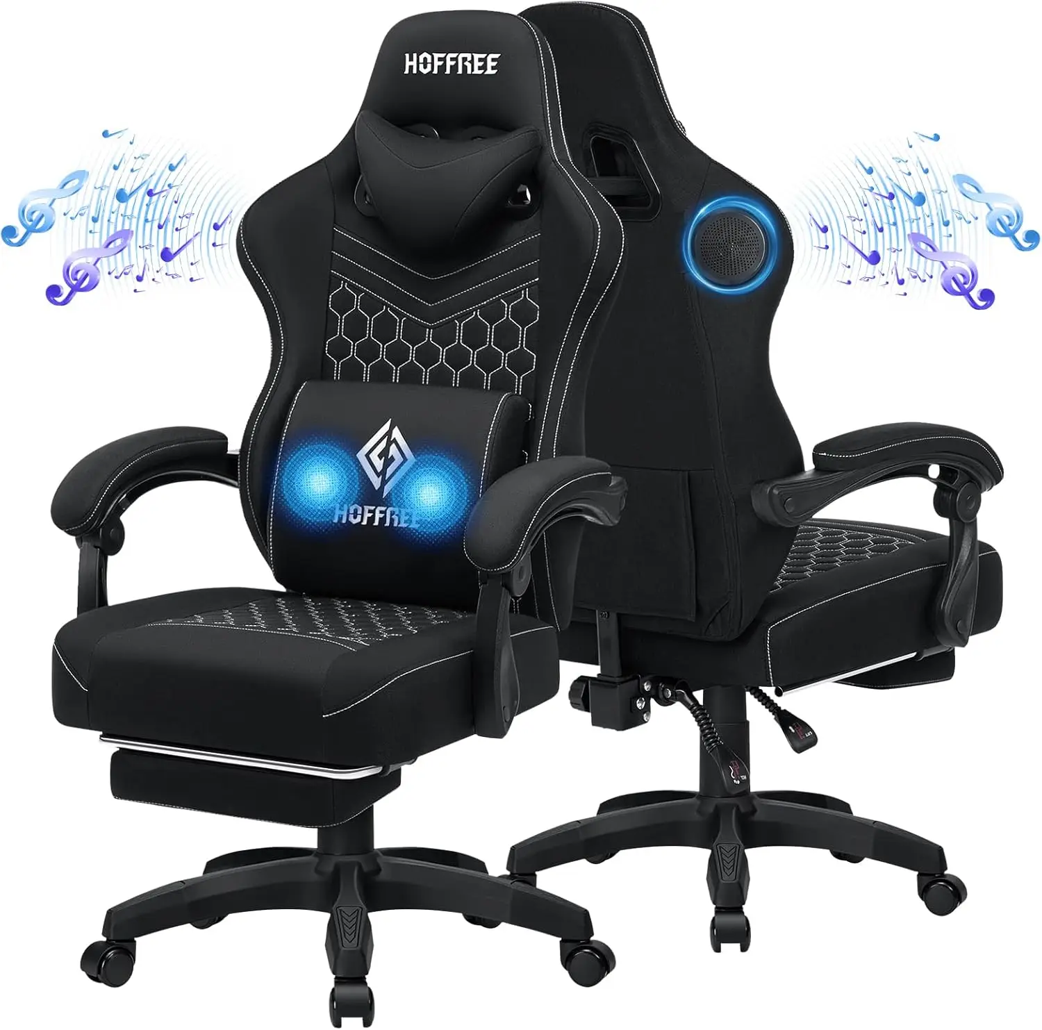 

Gaming Chair Computer Chair Fabric with Bluetooth Speakers Massage Game Chair with Footrest Ergonomic High Back