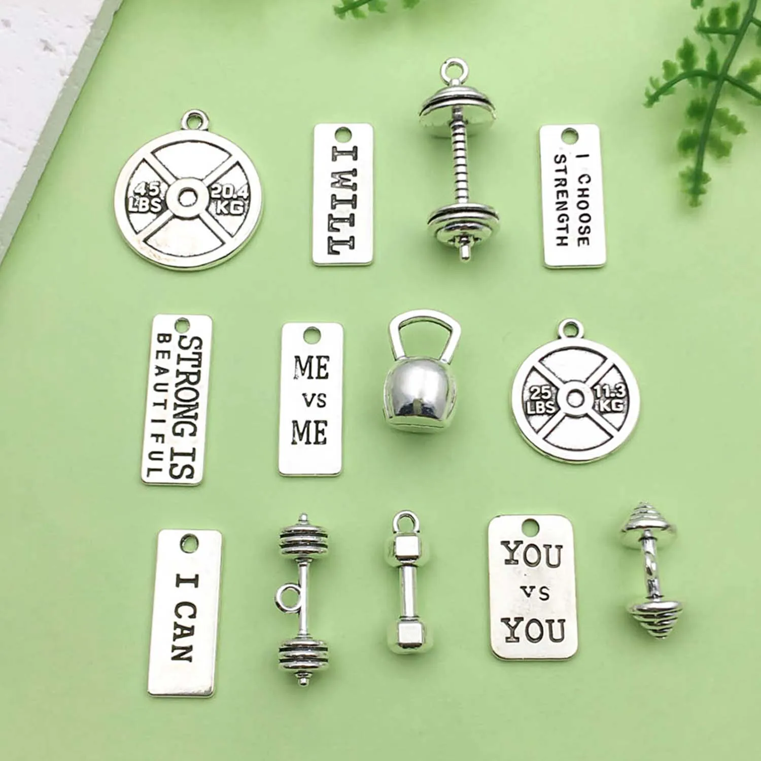 10/13 sztuk antyczne srebro sprzęt fitness Charms stop podnoszenie ciężarów, wisiorki z hantlami dla majsterkowiczów akcesoria do wyrobu biżuterii