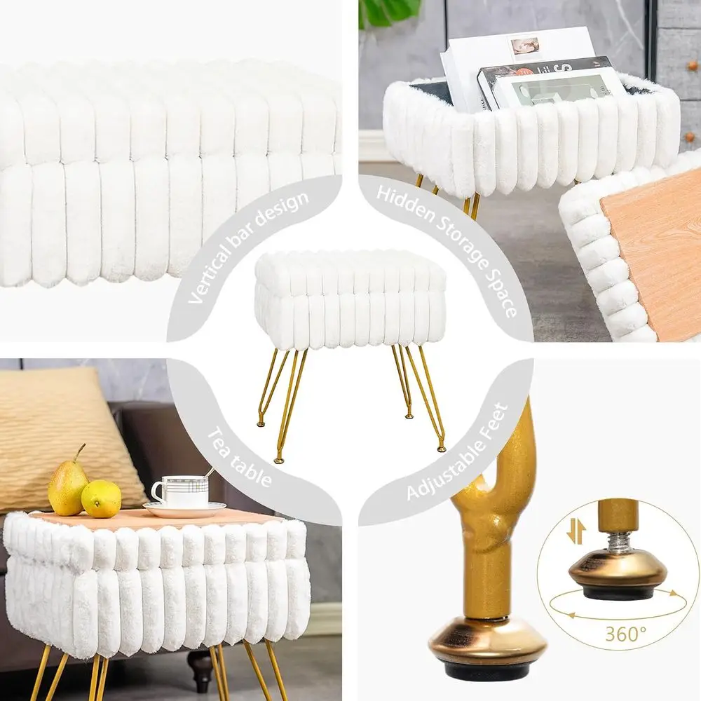 aux ur White Vanity Stool Chair with Storage Ottoman, Vanity Chair or Makeup Room, Vanity Stools or Bedroom, ootrest with Metal - view 6