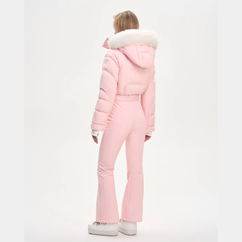 Verdickter einteiliger Skianzug für Damen, Kunstfell, mit Kapuze, Quasten, Mantel, hoher Taillengürtel, Overall, 2022, Winter, winddicht, wasserdicht, Skibekleidung – Detail 15