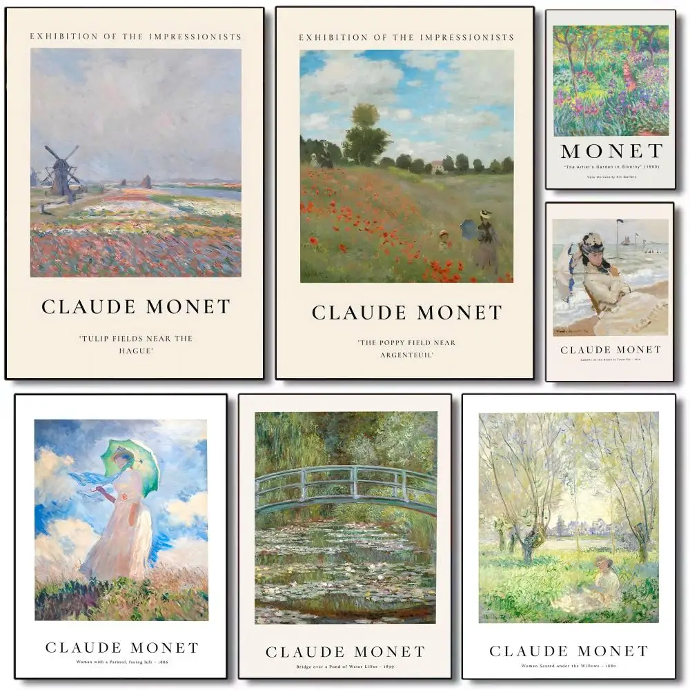 Claude Monet Retro Classic Oil Art Painting Calligraphy Frameless Canvas Wall Art Perfect for Kitchen Bathroom Home Decor