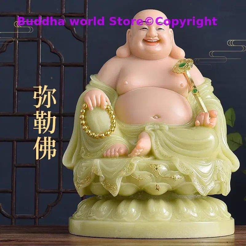 Estatua de Dios Buda de jade de alta calidad, tienda de empresa asiática para el hogar, trae dinero, buena suerte, estatua dorada de Buda RUYI MI LE FO Maitreya