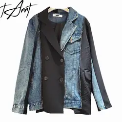 Tannt Women Blazer Asymmetry Denim Patchwork Vintage Blazers Jacket Irregular Color Matching Fashion Suit Coats Women 2023 New