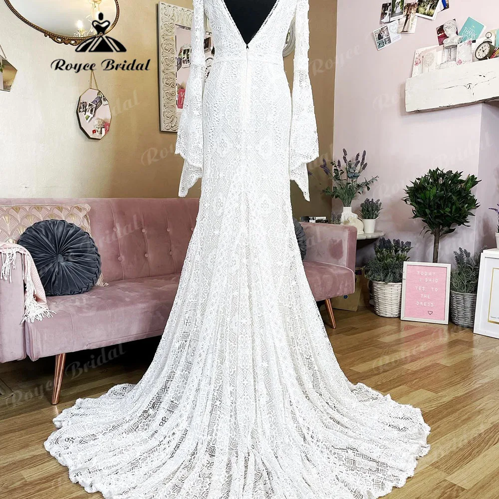 Abito da sposa Vintage a maniche lunghe con scollo a V in pizzo a sirena Boho per la sposa 2024 abito da sposa senza schienale abito sirene mariage abito sposa