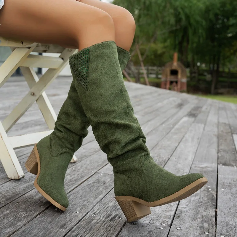 2026 New Fashionable and Versatile Western Block Heel Shoes Comfortable High Stacking Boots