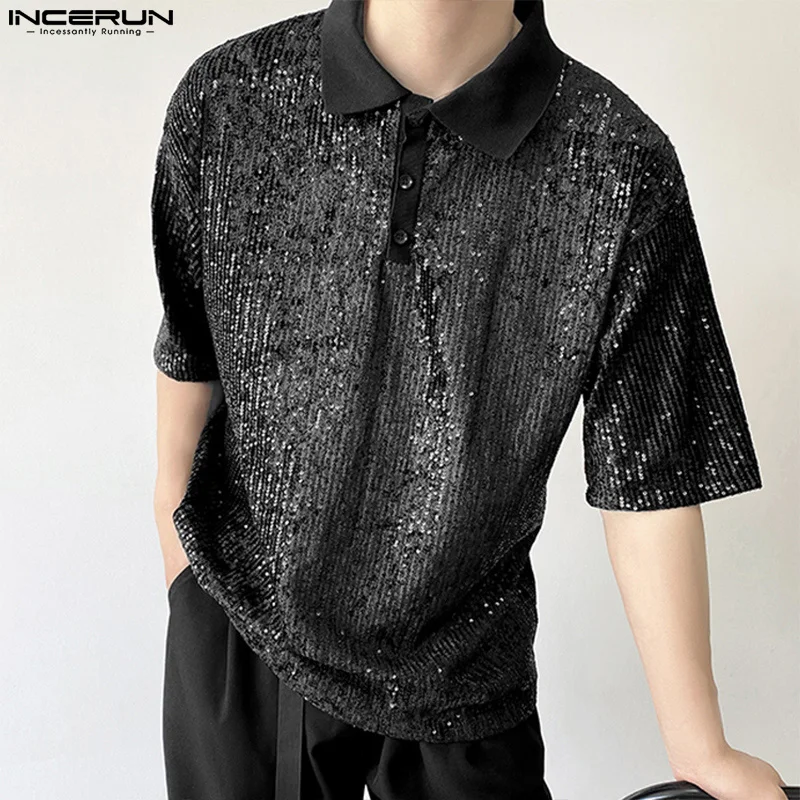 INCERUN Men Shirt Shiny Lapel Short Sleeve Patchwork Streetwear Fashion Men Clothing 2026 Loose Sequins Sparkling Party Shirts