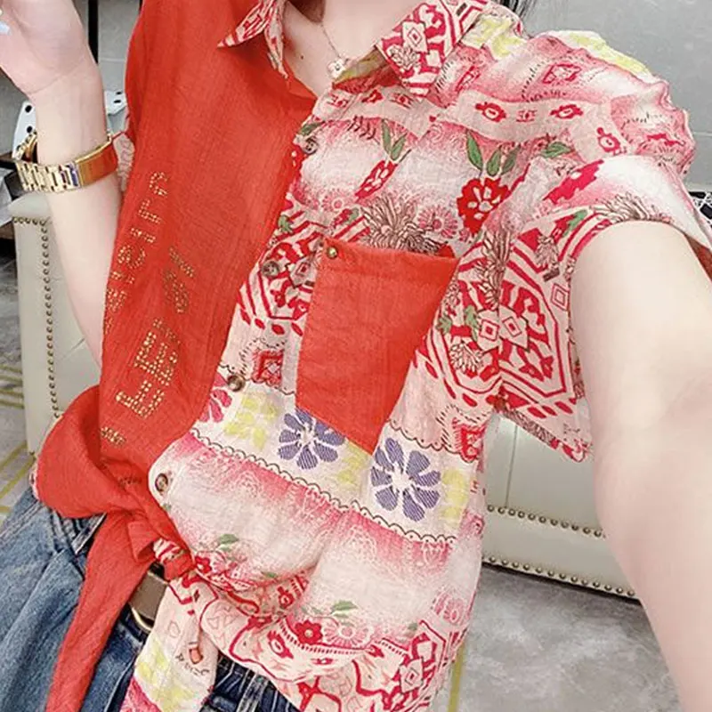 Fashion Commute Printed Spliced Blouse Female Clothing Lapel Casual Pockets Drawstring Chic Diamonds Single-breasted Shirt 2023