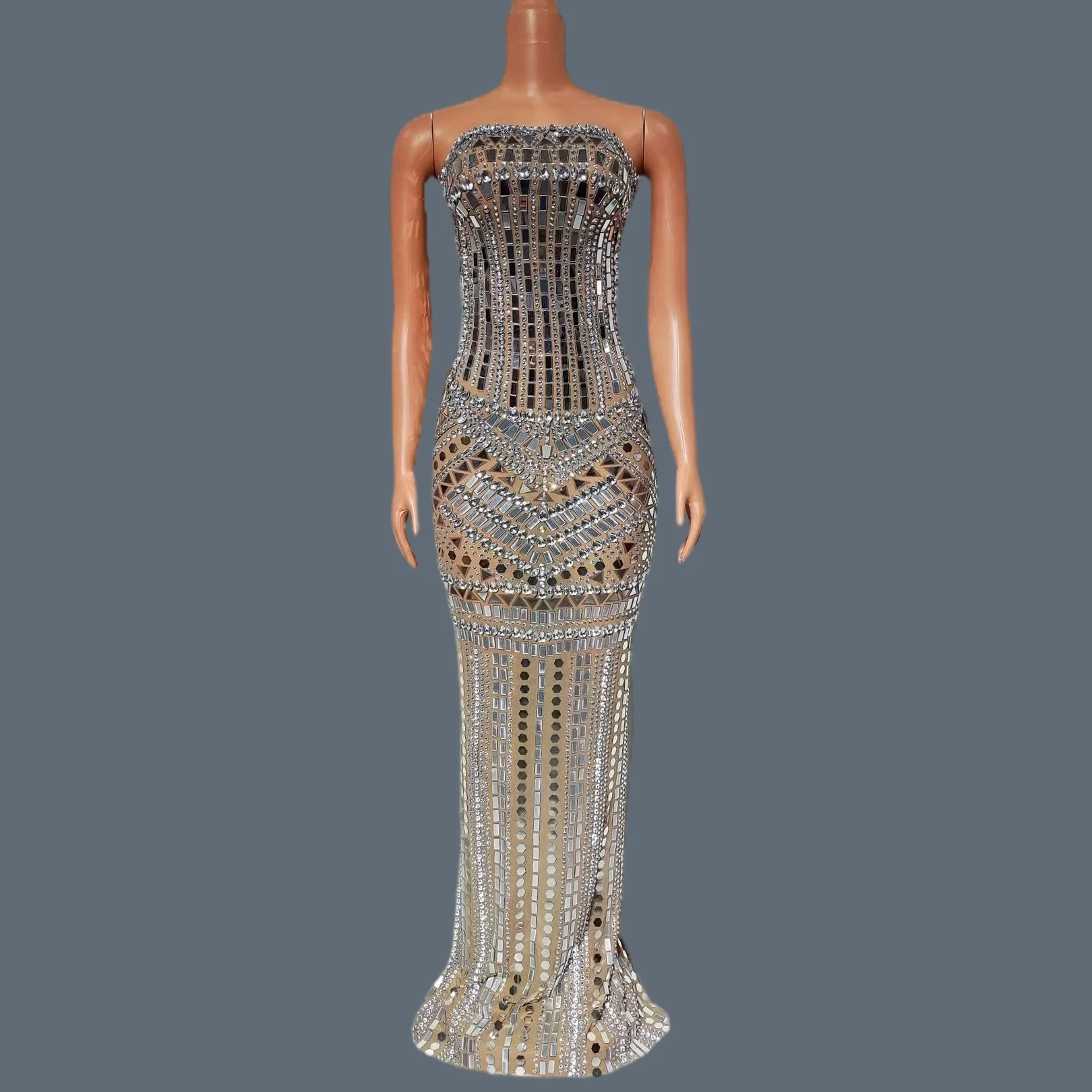 Sparkly Rhinestone Sequins Strapless Long Dresses Sexy Women See Through Mesh Evening Gown Night Club Prom Party Outfit Guangsu
