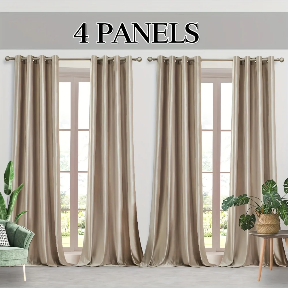 4 Panels Beige Velvet Curtains Thermal Blackout Grommet Drapes For Living Room