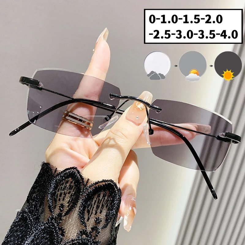 New Trend Women\'s Photochromic Glasses Outdoor Anti-UV Discoloration Myopia Men Vintage Square Rimless Minus Diopter Eyewear