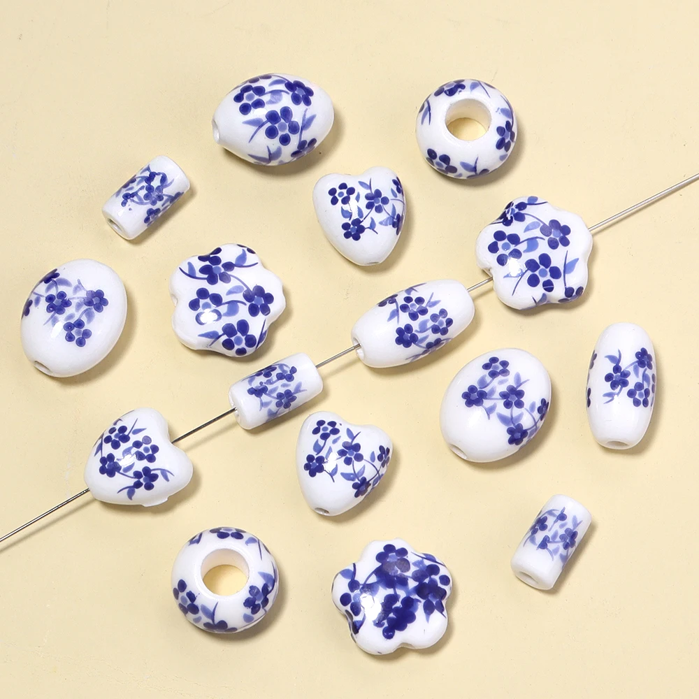 10 Stück Blumen-Keramikperlen, blaues Porzellan, lose Abstandshalterperlen, Pflaumenblüten-Blumenperlen für die Schmuckherstellung, DIY-Armbänder, Halsketten – Detail 3