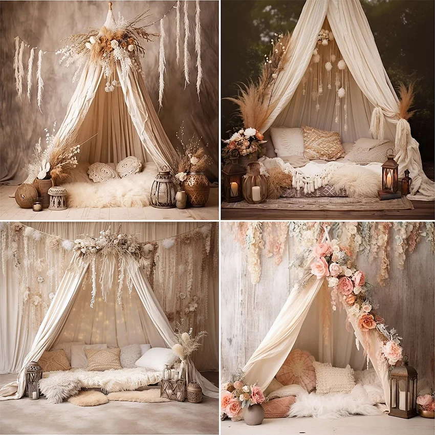 Mehofond التصوير خلفية البوهيمي الزهور مخيم خيمة الفتيات حفلة عيد ميلاد كعكة سحق صورة ديكور خلفية استوديو الصور