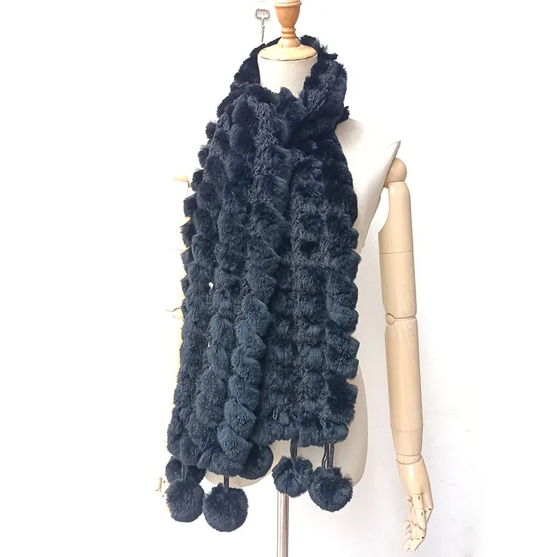 Women Knitted Real Rex Rabbit Fur Scarf With Pompom Warm Thick Winter Genuine Female Fashion Genuine Rabbit Fur Scarves