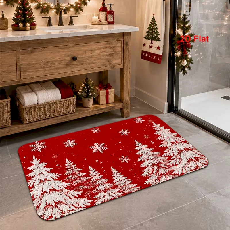 VIKAMA Christmas Doormat Non Slip Absorbent Washable Floor Mat Red Golden Merry Christmas Light Xmas Tree Home