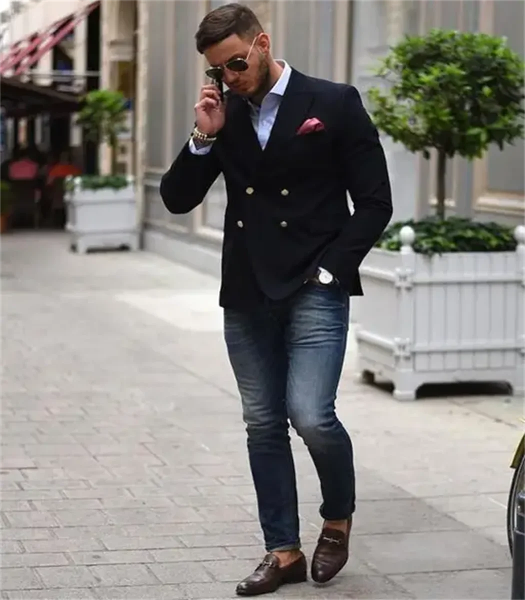 1 Piece Latest Design Black Male Blazer Fashion Double Breasted Casual Men Suit Coat Custom Skinny Tuxedo Jacket Only