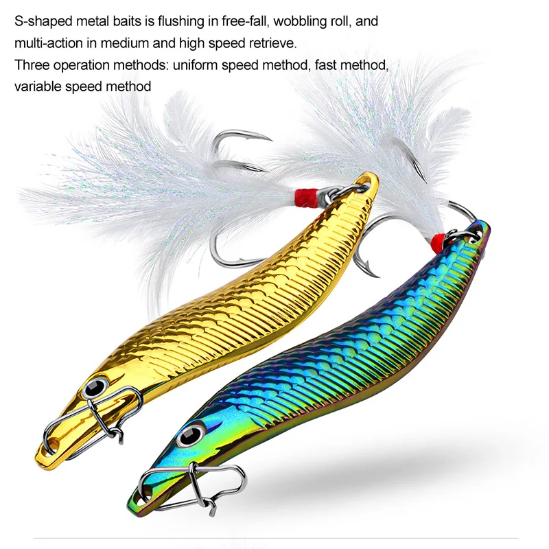 1Pcs Fishing Lure Metal VIB Jig Sequins S-shaped Leech Spinners Spoon Artificial Bait Bass Pike Perch With Feather Hook Tackle