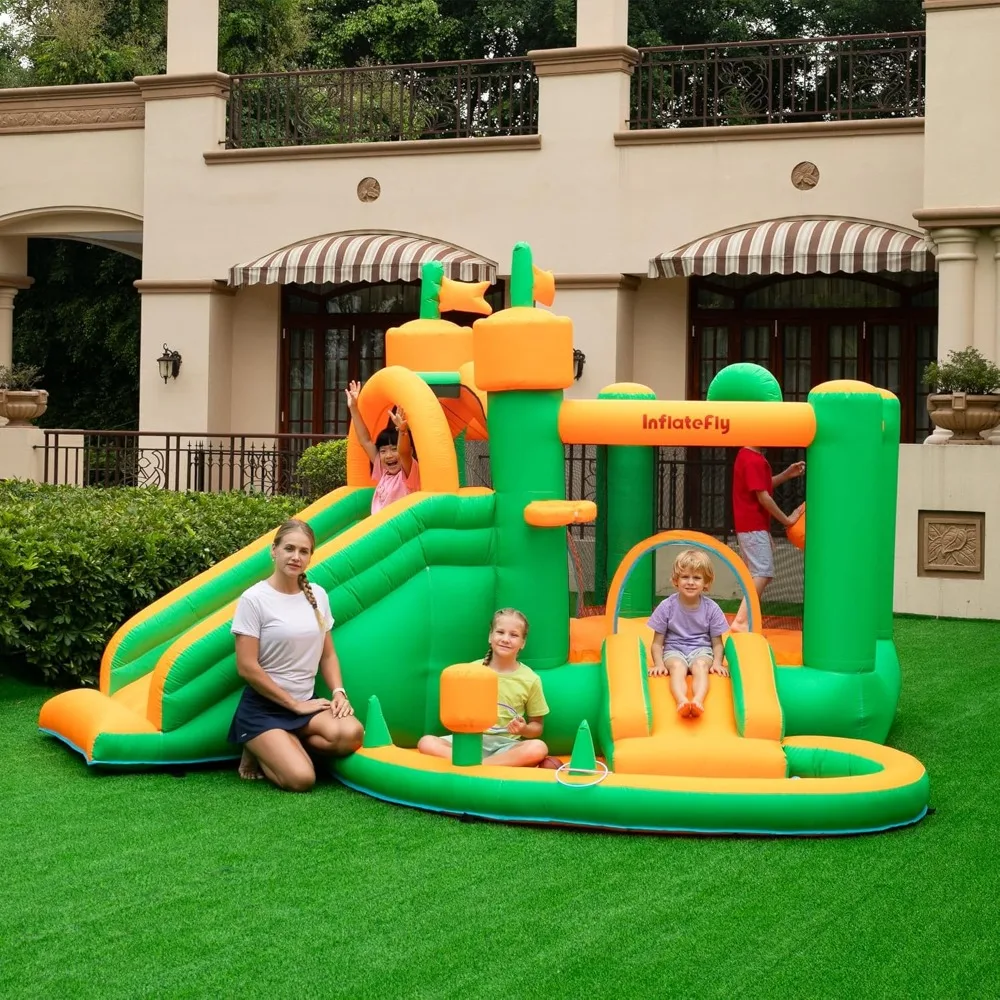 Inflatable Bounce House with Blower Playhouse Castle with Double Slides Ball Pit Pool for Kids 2-12 Wet and Dry