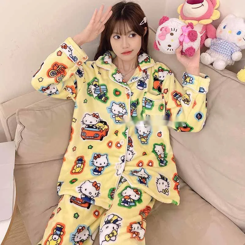 

New Sanrio Sleepwear Hello Kitty Cute Pajama Sets Women Autumn Winter Plush Thick Warm Cartoon Anime Home Y2k Clothes Loungewear