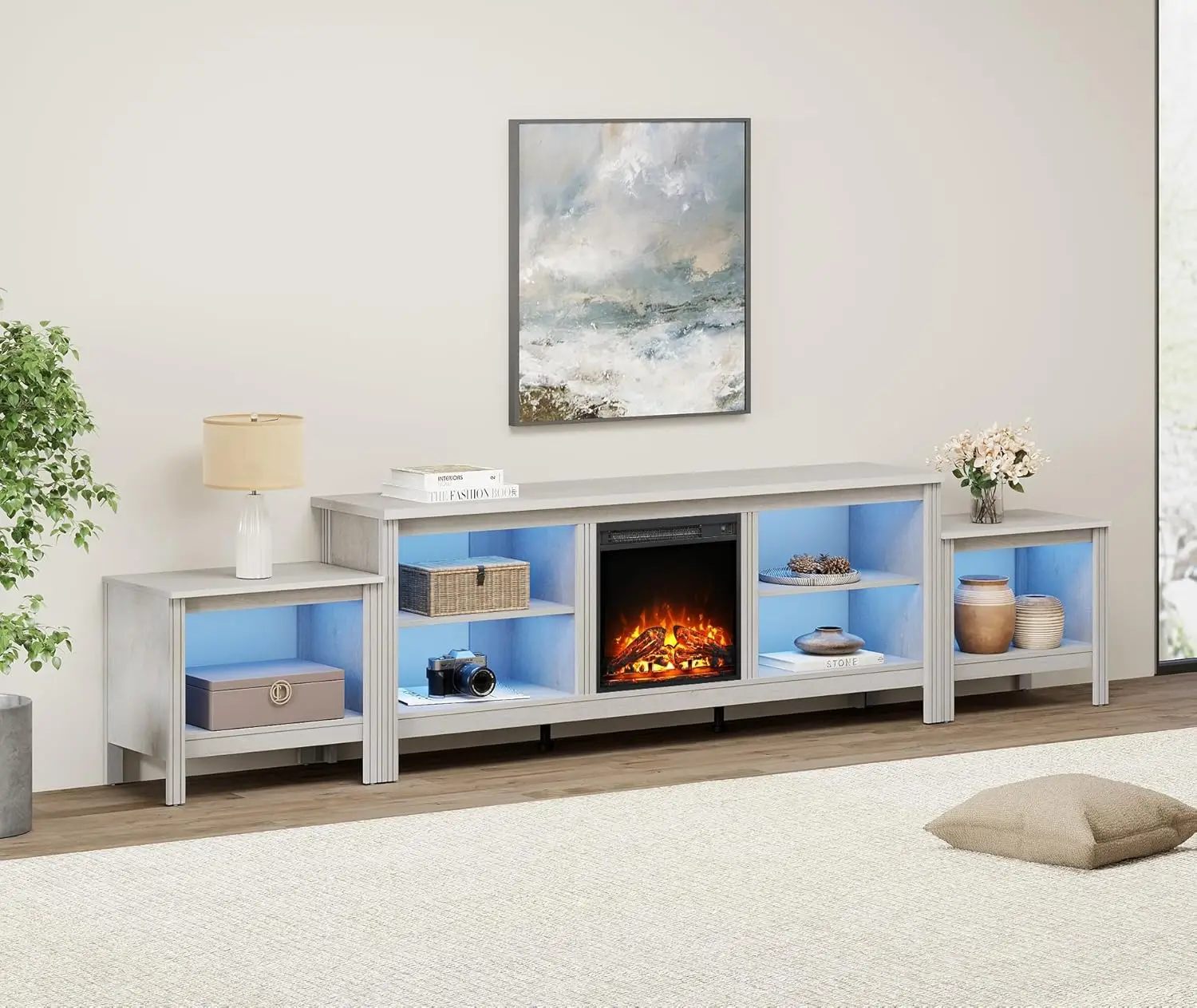 WAMPAT Fireplace TV Stand for 85 Inch TV, LED Entertainment Center for 75 80 90 100 Inch TV with 6 Cubby, Wood Media Console